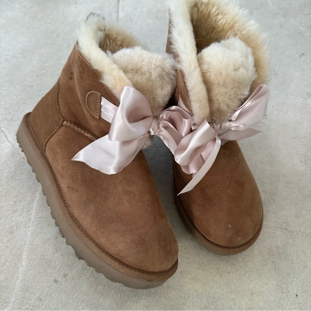 UGG Chestnut Suede Shearling Winter Boots with Pink Satin Bow